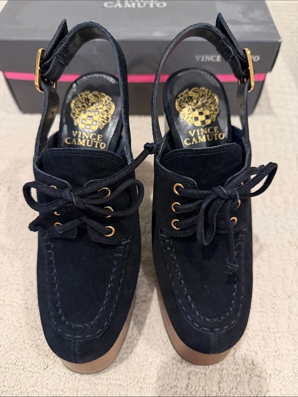 Vince Camuto Black Suede Lace-Up Platform Slingback with Brown Wood-Look Heel